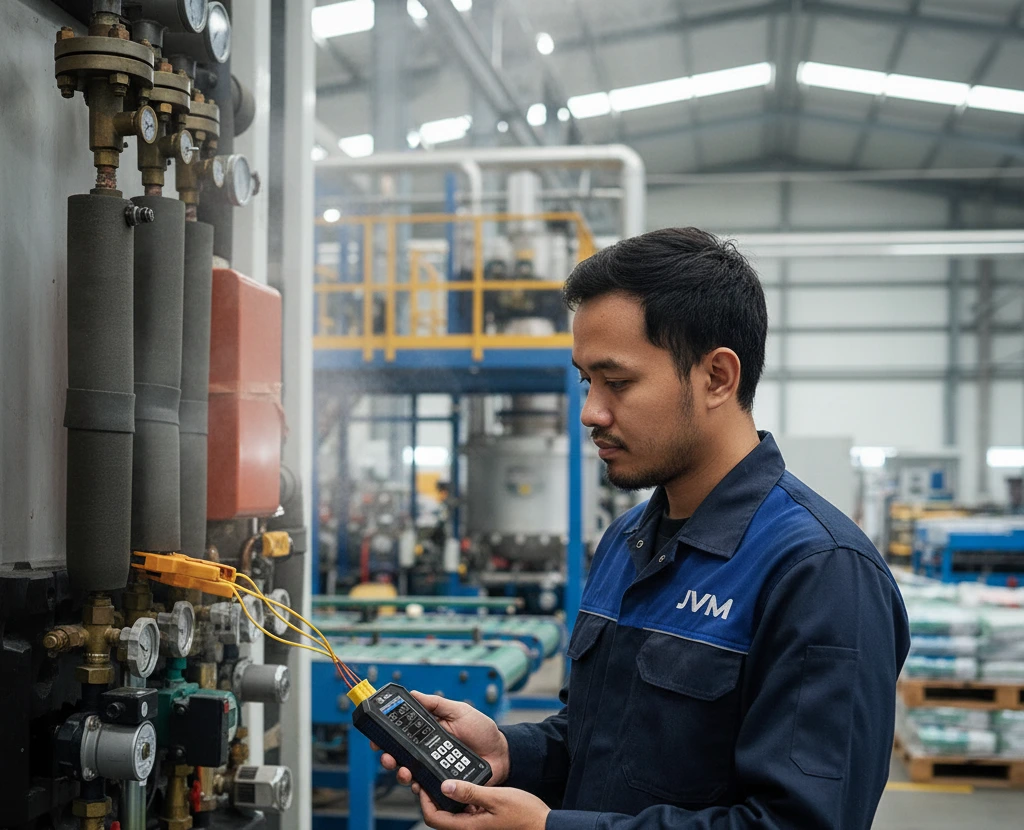 Teknisi Indonesia menggunakan thermometer thermocouple PCE-T 420 untuk memantau suhu beberapa titik pada mesin industri di area produksi.