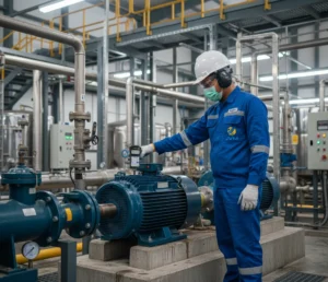 teknisi Indonesia menggunakan tachometer PCE-T236 untuk mengukur RPM pompa di instalasi pengolahan air
