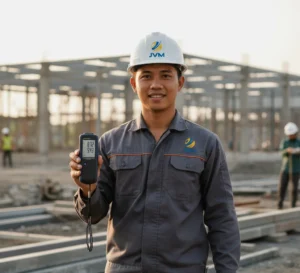 Teknisi Indonesia menggunakan thermometer PCE-T312N untuk mengukur suhu dua titik pada sistem pipa industri dengan sensor thermocouple