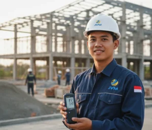 Teknisi Indonesia menggunakan thermometer digital dual channel untuk mengukur suhu mesin industri dengan dua sensor thermocouple