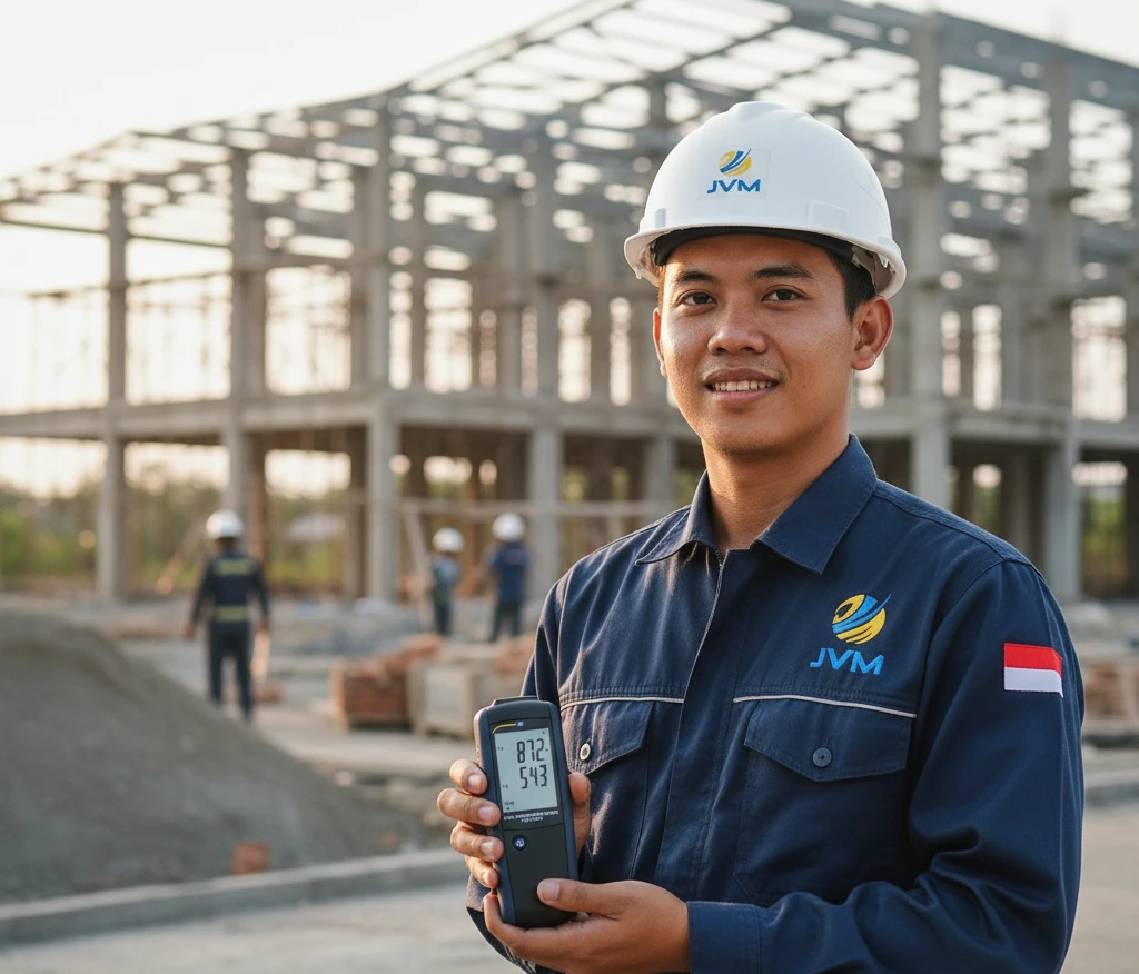 Teknisi Indonesia menggunakan thermometer digital dual channel untuk mengukur suhu mesin industri dengan dua sensor thermocouple