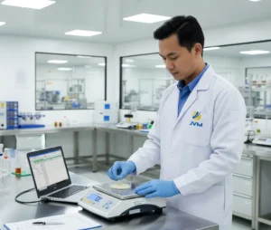 Foto ilustrasi teknisi QC Indonesia menimbang sampel bubuk di atas benchtop scale PCE-TB 1.5 dengan layar menyala dan laptop di samping untuk pencatatan data melalui USB, menggambarkan proses pencegahan salah timbang dan dokumentasi kualitas.