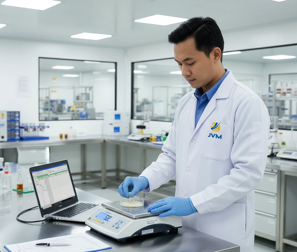 Foto ilustrasi teknisi QC Indonesia menimbang sampel bubuk di atas benchtop scale PCE-TB 1.5 dengan layar menyala dan laptop di samping untuk pencatatan data melalui USB, menggambarkan proses pencegahan salah timbang dan dokumentasi kualitas.