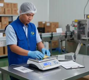 Foto menampilkan teknisi QC Indonesia melakukan penimbangan kontrol (checkweighing) kemasan sachet di atas timbangan meja PCE-TB 15 pada meja stainless di area produksi yang rapi; layar LCD timbangan terlihat menyala dan teknisi menempatkan sampel tepat di tengah platform sambil menyiapkan pencatatan hasil di dekatnya.