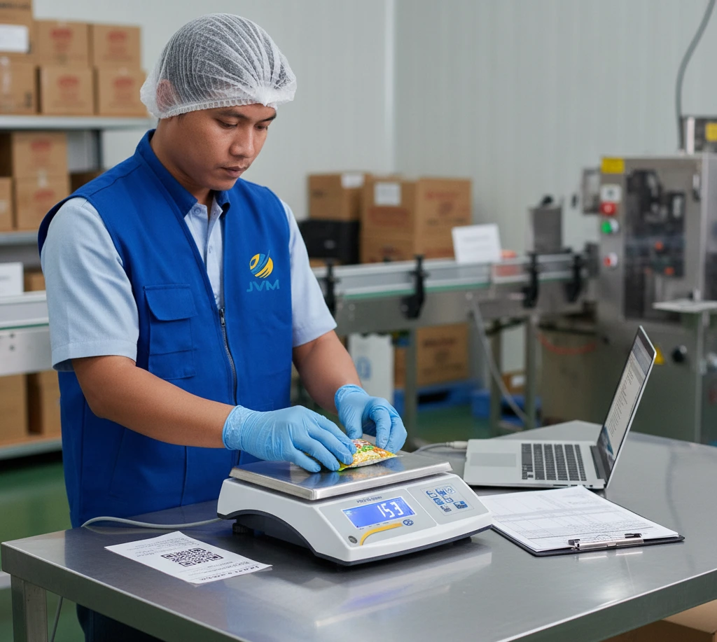 Foto menampilkan teknisi QC Indonesia melakukan penimbangan kontrol (checkweighing) kemasan sachet di atas timbangan meja PCE-TB 15 pada meja stainless di area produksi yang rapi; layar LCD timbangan terlihat menyala dan teknisi menempatkan sampel tepat di tengah platform sambil menyiapkan pencatatan hasil di dekatnya.
