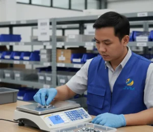 Seorang teknisi QC Indonesia menghitung baut dan washer menggunakan benchtop scale PCE-TB 15C di meja kerja gudang dengan latar barcode dan rak penyimpanan.