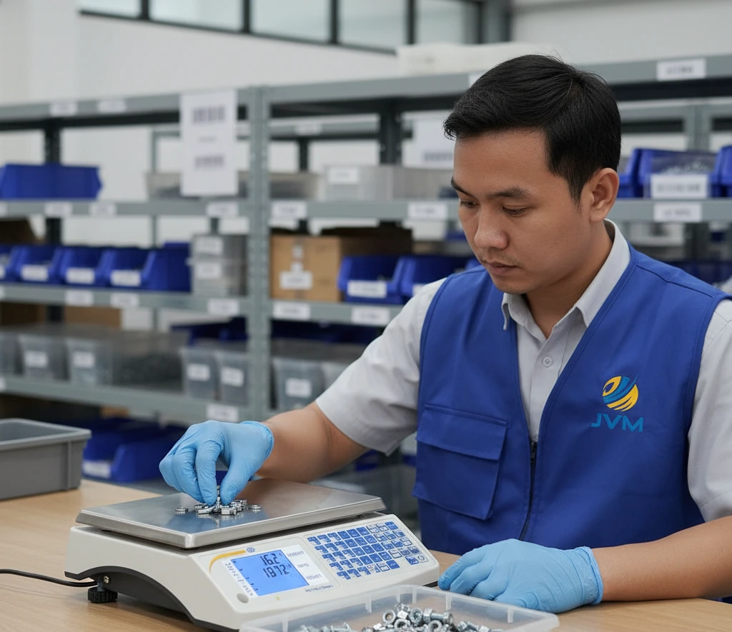 Seorang teknisi QC Indonesia menghitung baut dan washer menggunakan benchtop scale PCE-TB 15C di meja kerja gudang dengan latar barcode dan rak penyimpanan.