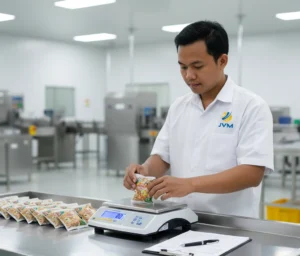 Foto menampilkan teknisi QC orang Indonesia sedang menimbang sampel produk kemasan di atas timbangan meja PCE-TB 3 pada meja stainless di area produksi, dengan layar LCD menyala dan beberapa sampel tersusun rapi untuk pemeriksaan berat bersih.