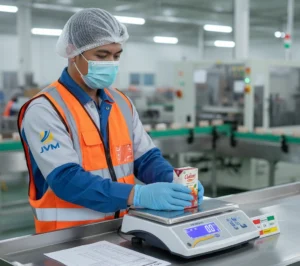 Teknisi QC Indonesia menimbang sampel kemasan di benchtop scale PCE-TB 30 pada meja stainless steel untuk kontrol berat kemasan.