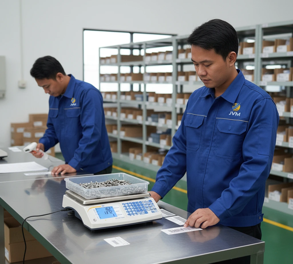 Teknisi QC Indonesia menghitung baut dan washer saat stock opname menggunakan benchtop counting scale PCE-TB 30C di meja stainless, dengan scanner barcode dan tray komponen kecil di area gudang manufaktur.