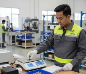 Teknisi QC Indonesia menggunakan benchtop counting scale PCE-TB 3C untuk menghitung baut dan mur kecil dengan bantuan scanner barcode di meja kerja lini produksi.
