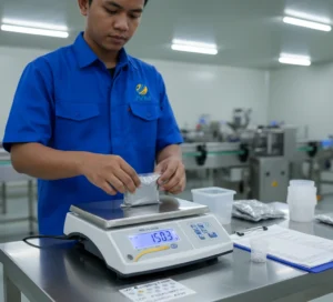 Teknisi QC Indonesia menimbang sampel kemasan untuk verifikasi berat bersih menggunakan benchtop scale PCE-TB 6 di meja kerja stainless, dengan sampel sachet, form sampling, dan suasana area packaging yang rapi.
