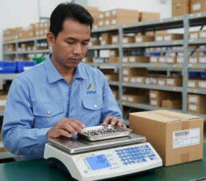 Foto seorang teknisi QC Indonesia sedang melakukan penghitungan baut dan washer menggunakan timbangan meja counting PCE-TB 6C di area gudang/kitting