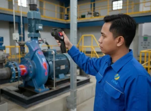 Teknisi menggunakan kamera termal PCE-TC 28 untuk inspeksi suhu mesin di lingkungan industri