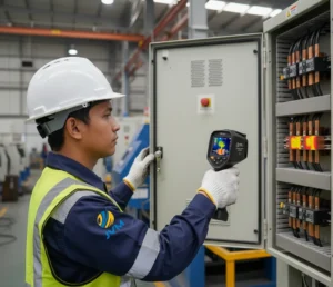 Teknisi listrik Indonesia melakukan inspeksi panel industri menggunakan thermal imager PCE-TC 38 dengan tampilan citra panas pada layar.