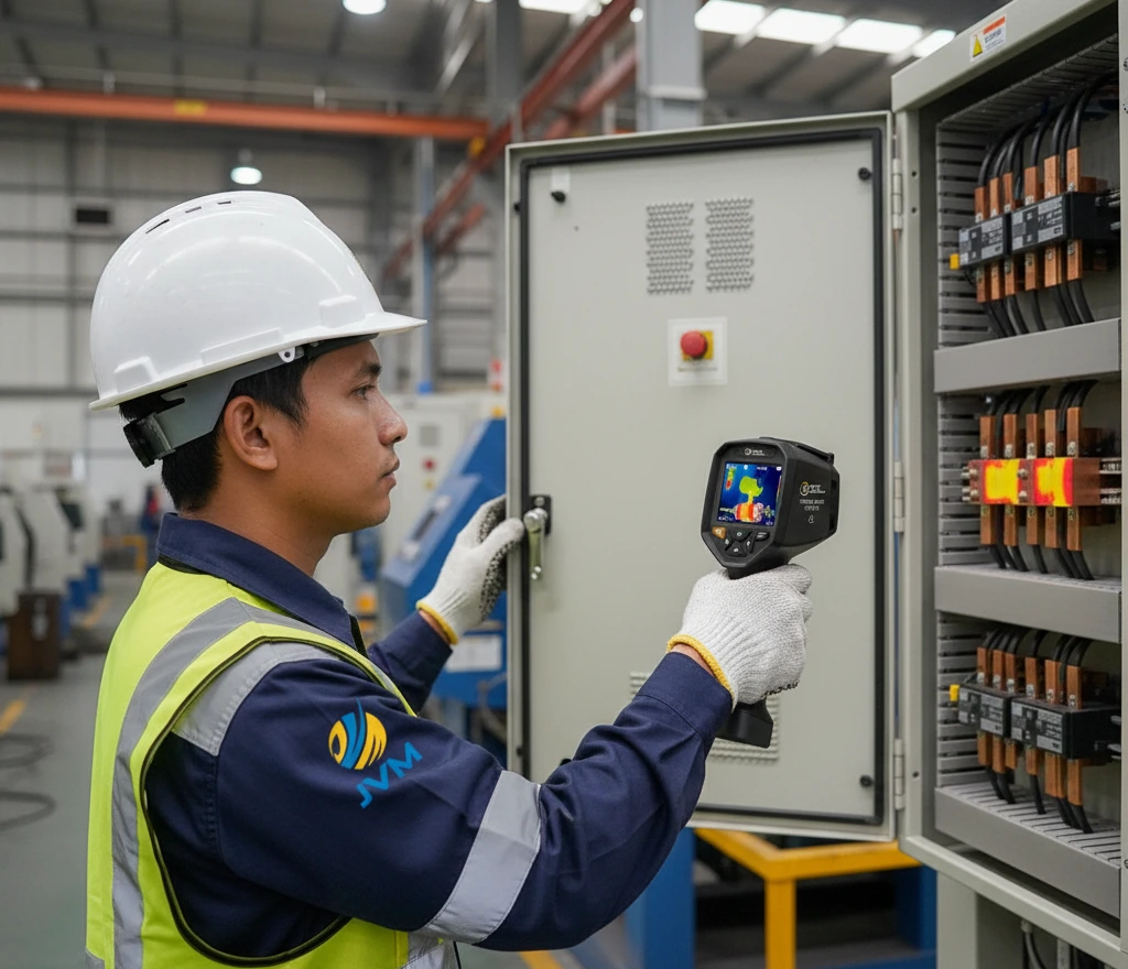 Teknisi listrik Indonesia melakukan inspeksi panel industri menggunakan thermal imager PCE-TC 38 dengan tampilan citra panas pada layar.