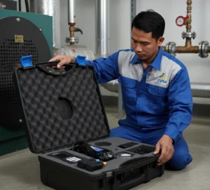 Engineer HVAC Indonesia mengukur energi termal chilled water menggunakan PCE-TDS 200+ L clamp-on, dengan transduser terpasang pada pipa besar dan sensor temperatur di jalur supply-return di ruang mesin chiller.