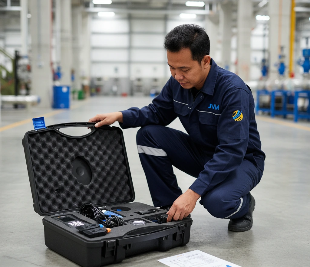 Foto menampilkan engineer HVAC Indonesia di ruang mesin chiller sedang memasang sensor clamp-on pada pipa chilled water besar dan memegang alat ukur PCE-TDS 200+ dengan tampilan nilai flow dan heat quantity.