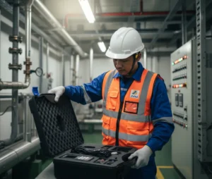 Teknisi commissioning Indonesia memasang BTU meter clamp-on PCE-TDS 200+ M pada pipa chilled water, dengan sensor ultrasonik dan sensor temperatur supply–return terpasang untuk menghitung energi termal.