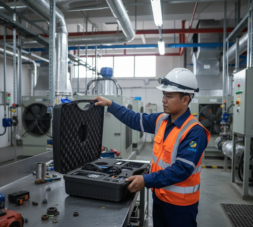 Seorang teknisi HVAC Indonesia di ruang plant room menempelkan sensor clamp-on ultrasonik pada pipa chilled water DN menengah dengan coupling gel, sambil memantau unit handheld PCE-TDS 200+ M-ICA yang menampilkan grafik kualitas sinyal serta angka flow; dua sensor suhu terpasang di jalur supply dan return untuk pengukuran energi termal.