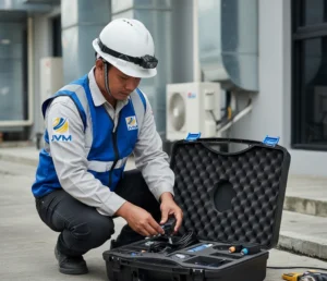 Seorang engineer HVAC Indonesia memasang sensor clamp-on ultrasonik pada pipa chilled water dan memantau layar PCE-TDS 200+ untuk membaca debit, suhu supply-return, serta heat output saat commissioning sistem chiller di ruang mesin.