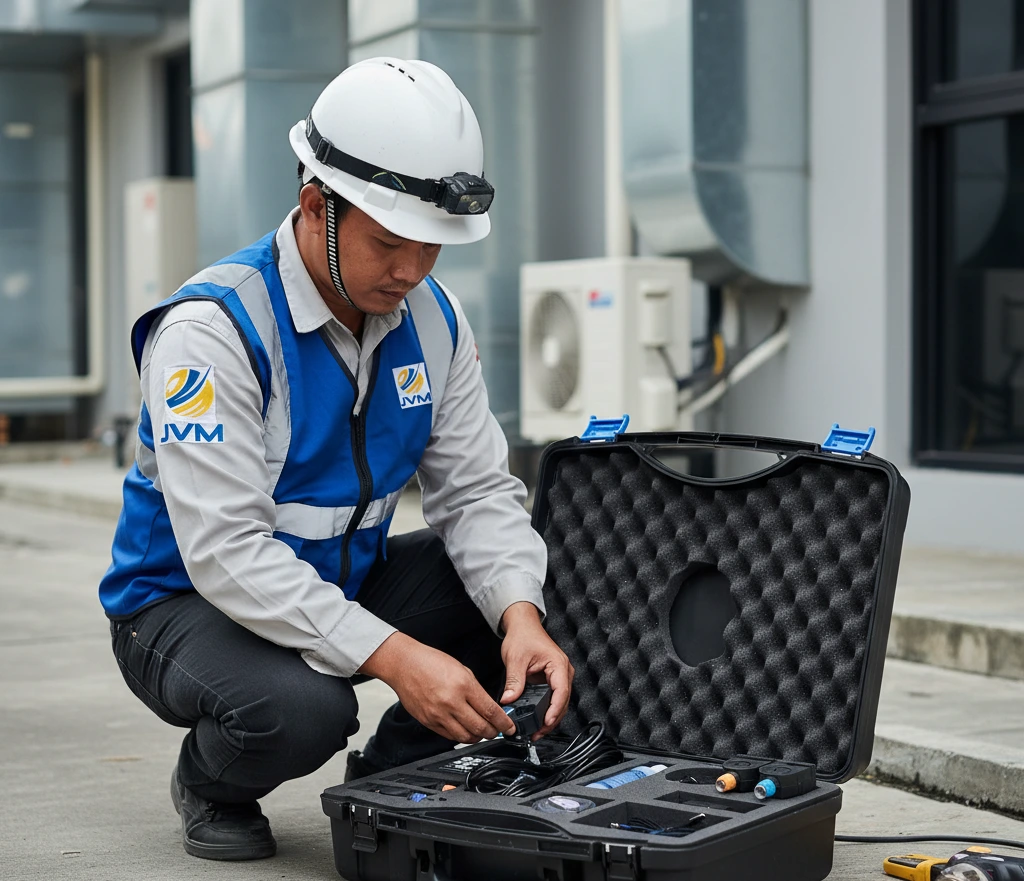 Seorang engineer HVAC Indonesia memasang sensor clamp-on ultrasonik pada pipa chilled water dan memantau layar PCE-TDS 200+ untuk membaca debit, suhu supply-return, serta heat output saat commissioning sistem chiller di ruang mesin.