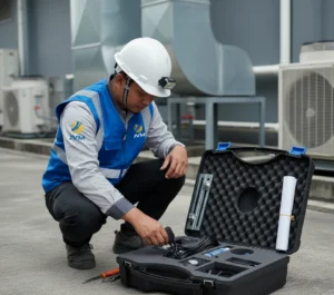 Engineer Indonesia sedang mengukur energi termal pada pipa chilled water menggunakan BTU meter clamp-on PCE-TDS 200+ MR di ruang mesin chiller plant, dengan sensor ultrasonik terpasang di pipa dan probe temperatur pada jalur supply-return.