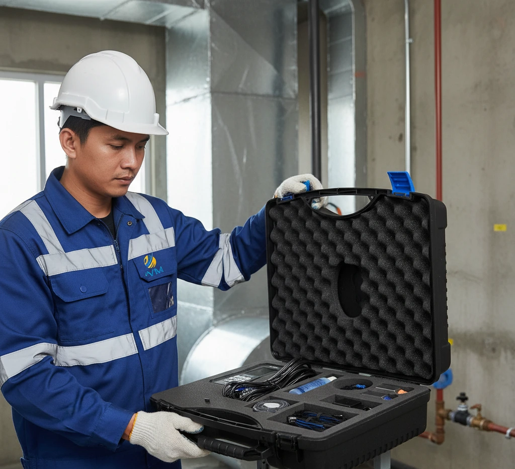 Teknisi HVAC Indonesia memasang sensor clamp-on ultrasonik dan sensor temperatur pada pipa chilled water untuk mengukur debit dan energi termal menggunakan PCE-TDS 200+.