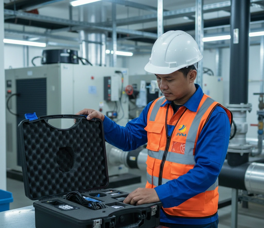 Engineer Indonesia di ruang chiller gedung sedang memasang sensor clamp-on PCE-TDS 200+ pada pipa chilled water dan menempelkan dua sensor suhu supply–return untuk menghitung BTU, dengan layar alat menampilkan flow dan heat output.