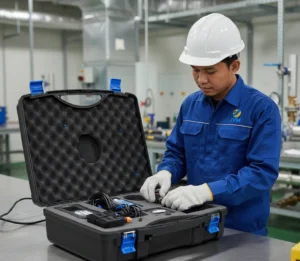 Teknisi commissioning Indonesia menggunakan PCE-TDS 200+ SL-ICA untuk mengukur flow dan energi termal pada pipa chilled water, dengan sensor clamp-on dan sensor temperatur terpasang di supply-return di ruang mechanical.