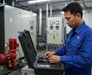 Engineer HVAC Indonesia memasang sensor clamp-on ultrasonik dan sensor temperatur pada pipa chilled water untuk mengukur flow, ΔT, dan energi termal menggunakan PCE-TDS 200+ SM-ICA di ruang plant chiller gedung.