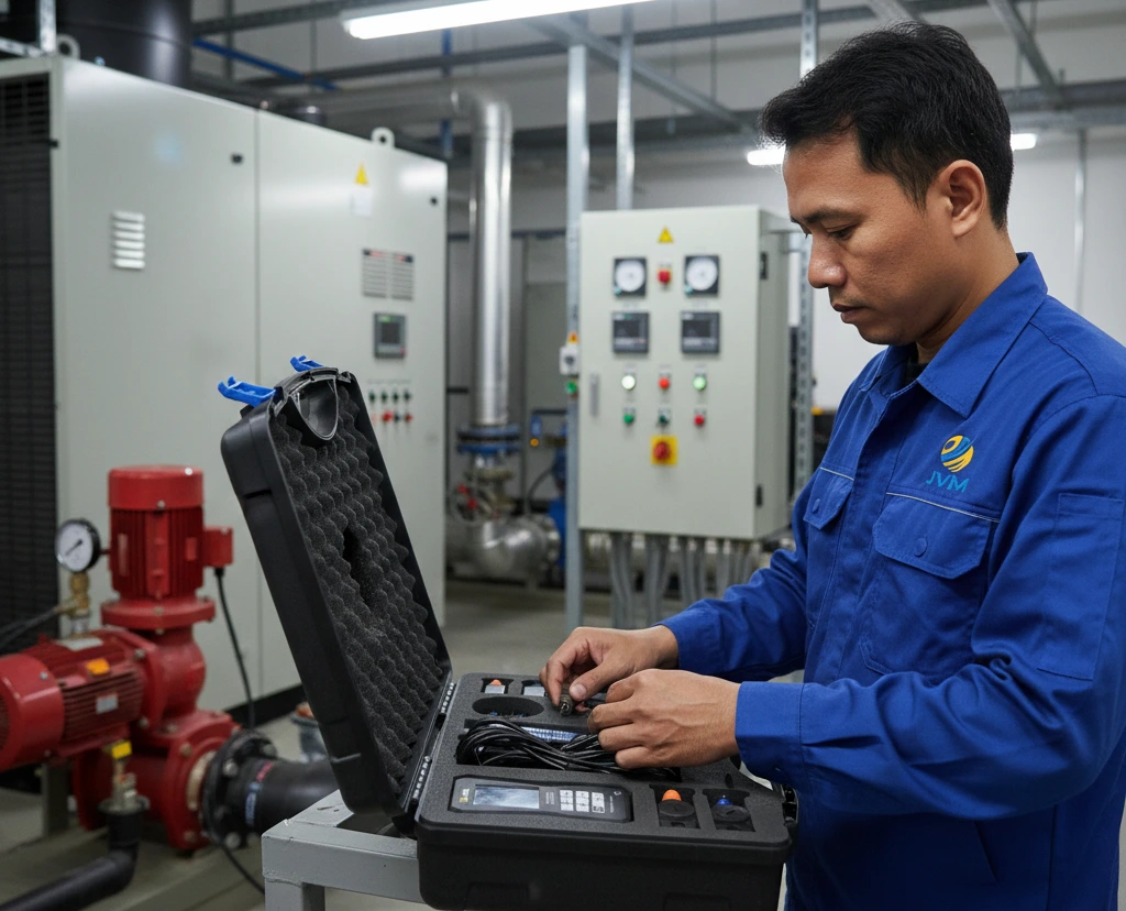 Engineer HVAC Indonesia memasang sensor clamp-on ultrasonik dan sensor temperatur pada pipa chilled water untuk mengukur flow, ΔT, dan energi termal menggunakan PCE-TDS 200+ SM-ICA di ruang plant chiller gedung.