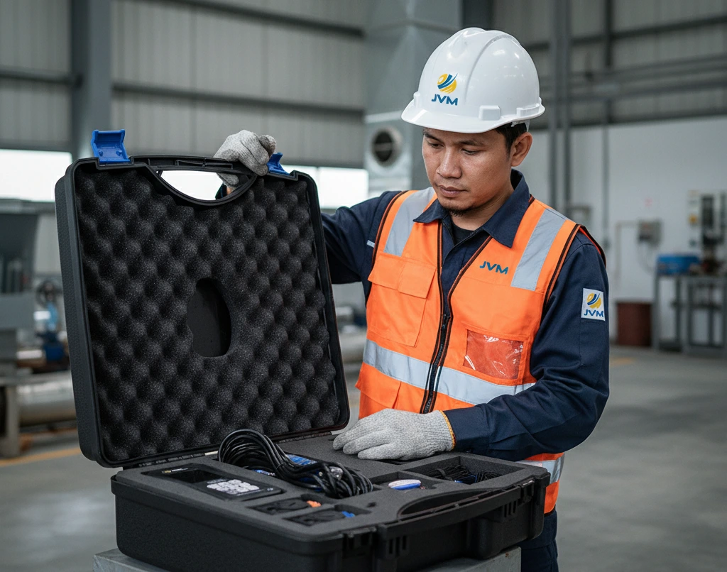 Engineer HVAC Indonesia mengukur debit dan energi termal pada pipa chilled water menggunakan PCE-TDS 200+ clamp-on heat meter dengan sensor ultrasonik dan sensor temperatur di supply–return.