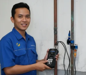 Engineer HVAC Indonesia memasang sensor clamp-on ultrasonic dan sensor temperatur pada pipa chilled water di ruang chiller plant, sambil membaca layar handheld PCE-TDS 200+ SML yang menampilkan data flow dan heat output untuk verifikasi energi termal.