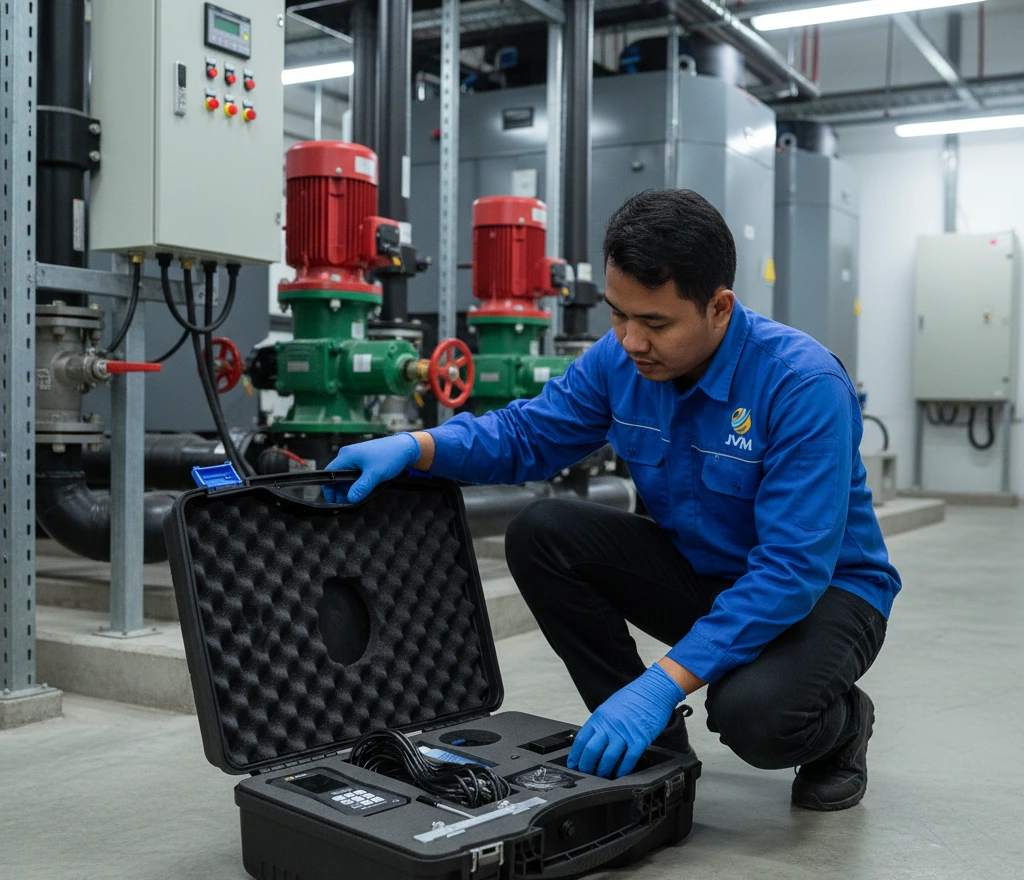 Teknisi HVAC Indonesia memasang sensor clamp-on PCE-TDS 200+ SR-ICA pada pipa chilled water di ruang mesin chiller, dengan dua sensor temperatur pada supply–return dan layar alat menampilkan debit serta heat quantity.
