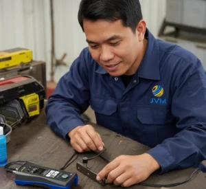 teknisi Indonesia menggunakan ultrasonic thickness meter untuk mengukur ketebalan pipa industri