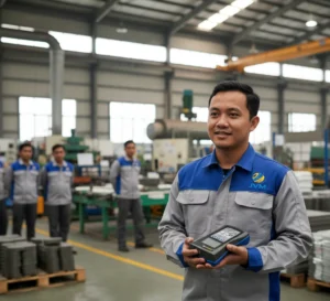 Seorang teknisi Indonesia menggunakan PCE-TG 300-HT5 ultrasonic thickness meter untuk mengukur ketebalan pipa industri bersuhu tinggi di area plant, dengan perlengkapan keselamatan lengkap dan latar perpipaan proses.