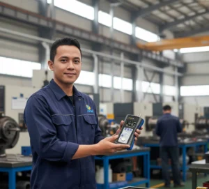 Foto seorang teknisi Indonesia mengenakan APD lengkap sedang menggunakan thickness meter ultrasonik PCE-TG 300-HT5-ICA untuk mengukur ketebalan dinding pipa baja pada area instalasi industri, dengan probe menempel pada permukaan pipa menggunakan couplant gel dan latar belakang jalur pipa serta tangki proses.