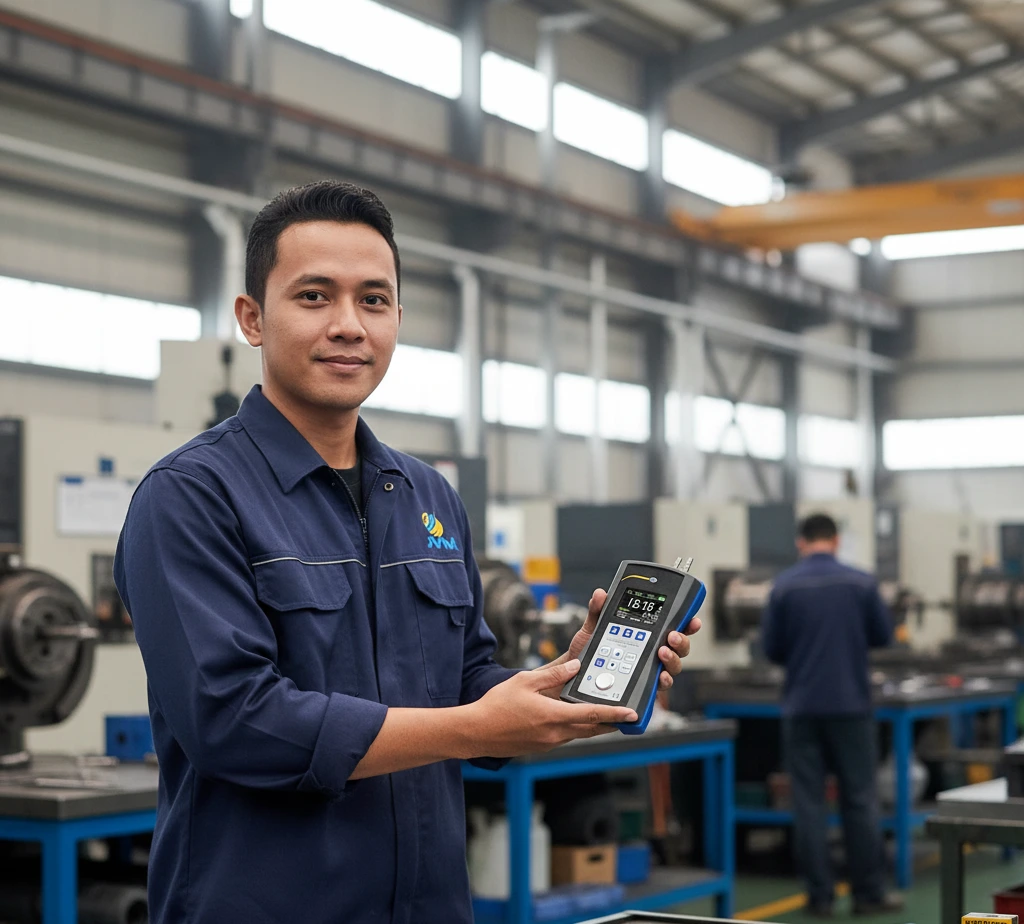 Foto seorang teknisi Indonesia mengenakan APD lengkap sedang menggunakan thickness meter ultrasonik PCE-TG 300-HT5-ICA untuk mengukur ketebalan dinding pipa baja pada area instalasi industri, dengan probe menempel pada permukaan pipa menggunakan couplant gel dan latar belakang jalur pipa serta tangki proses.