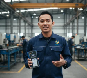 Foto realistis seorang teknisi Indonesia di area pabrik sedang menggunakan thickness meter PCE-TG 300-NO2 untuk mengukur ketebalan dinding pipa baja, lengkap dengan APD dan probe yang ditempelkan ke permukaan pipa saat inspeksi condition monitoring.