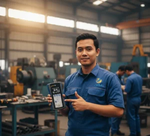 Seorang teknisi Indonesia memakai helm proyek, kacamata safety, sarung tangan, dan wearpack biru sedang menggunakan PCE-TG 300-NO5 untuk mengukur ketebalan pipa baja di area plant industri. Probe alat ditempelkan pada permukaan pipa dengan couplant, sementara layar alat menampilkan hasil pengukuran secara real time.