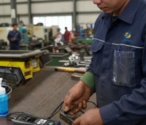 Teknisi Indonesia menggunakan thickness meter ultrasonik untuk mengukur ketebalan pipa di instalasi pengolahan air