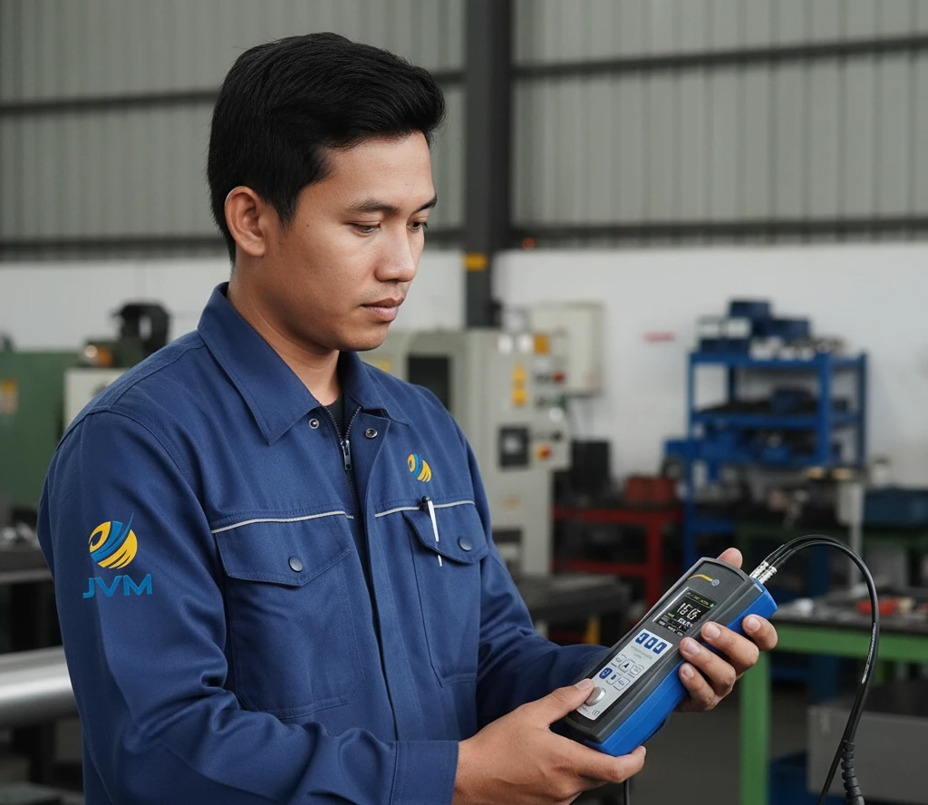 Teknisi industri Indonesia menggunakan alat thickness meter ultrasonik portabel untuk mengukur ketebalan pipa di instalasi pengolahan air