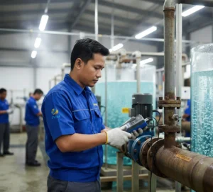 Seorang teknisi Indonesia menggunakan PCE-TG 300-NO7-ICA untuk mengukur ketebalan pipa stainless berdinding tipis pada bagian elbow di area utilitas instalasi pengolahan air industri.