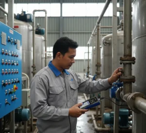 Seorang teknisi Indonesia menggunakan thickness meter ultrasonik PCE-TG 300-P5EE untuk mengukur ketebalan pipa baja berlapis cat di area instalasi pengolahan air limbah, dengan probe menempel pada permukaan pipa dan layar alat menyala jelas.