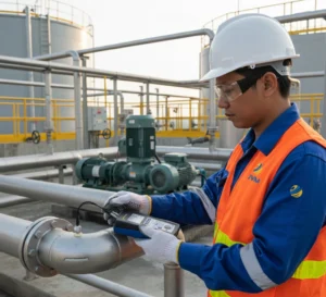 Teknisi Indonesia sedang menggunakan PCE-TG 300-P5EE-ICA untuk mengukur ketebalan pipa baja bercat di area instalasi pengolahan air industri, dengan probe menempel pada elbow pipa dan layar alat terlihat menyala.