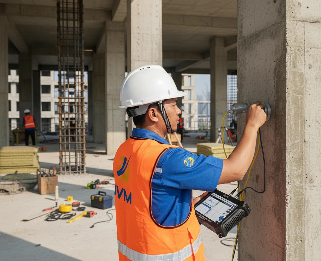 Seorang teknisi konstruksi Indonesia menggunakan alat ultrasonic concrete tester portabel dengan layar sentuh untuk memeriksa kondisi retakan pada struktur beton di lokasi proyek.