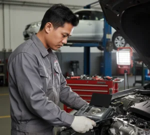 Gambar menampilkan teknisi otomotif Indonesia di bengkel sedang melakukan inspeksi ruang bakar mesin menggunakan videoscope PCE-VE 1000 dengan layar 7 inci, probe kamera dimasukkan melalui lubang busi, dan tampilan layar memperlihatkan detail deposit karbon pada permukaan internal.