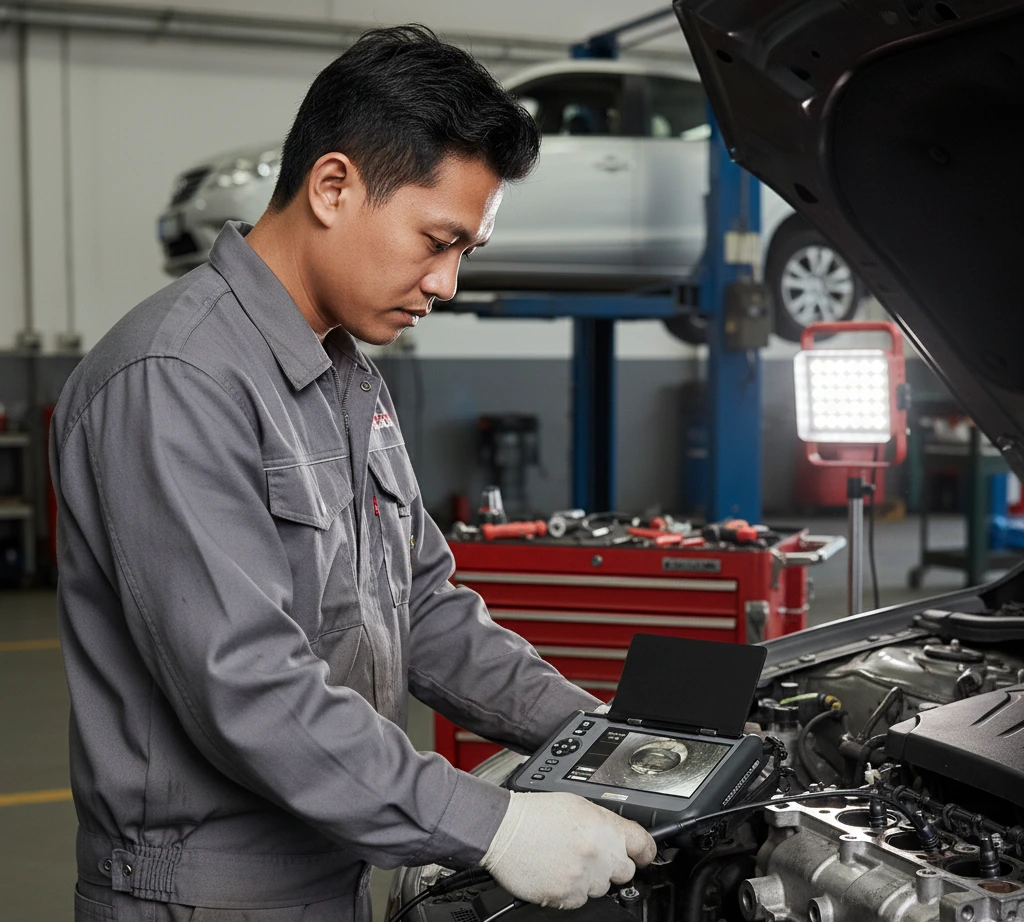 Gambar menampilkan teknisi otomotif Indonesia di bengkel sedang melakukan inspeksi ruang bakar mesin menggunakan videoscope PCE-VE 1000 dengan layar 7 inci, probe kamera dimasukkan melalui lubang busi, dan tampilan layar memperlihatkan detail deposit karbon pada permukaan internal.
