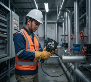 Teknisi Indonesia menggunakan borescope PCE-VE 100N4 untuk inspeksi visual bagian dalam pipa di area utilitas WTP/WWTP, layar perangkat menampilkan kondisi dinding pipa.